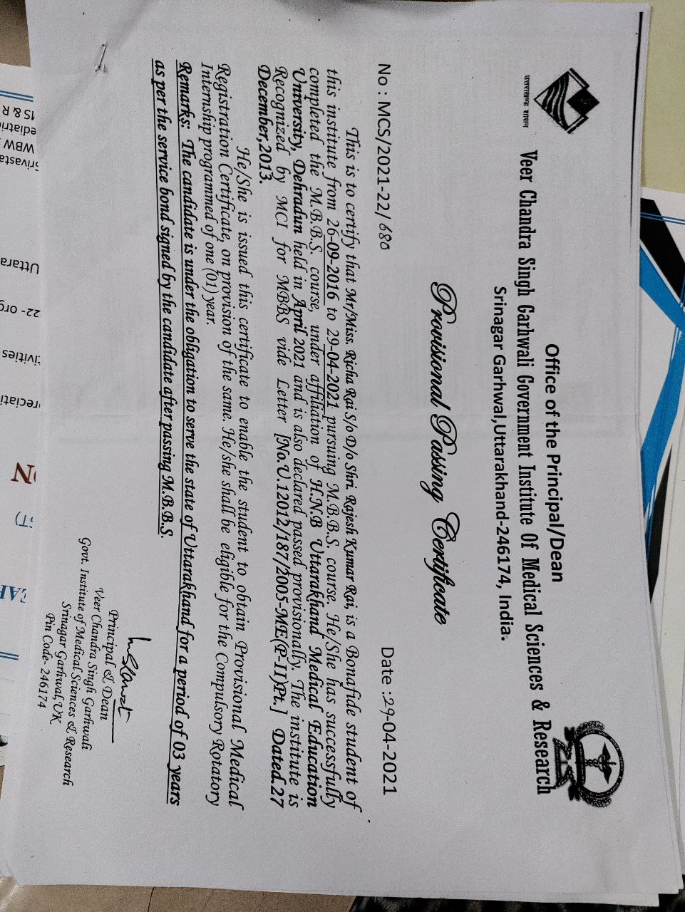 Doctor's certificate
