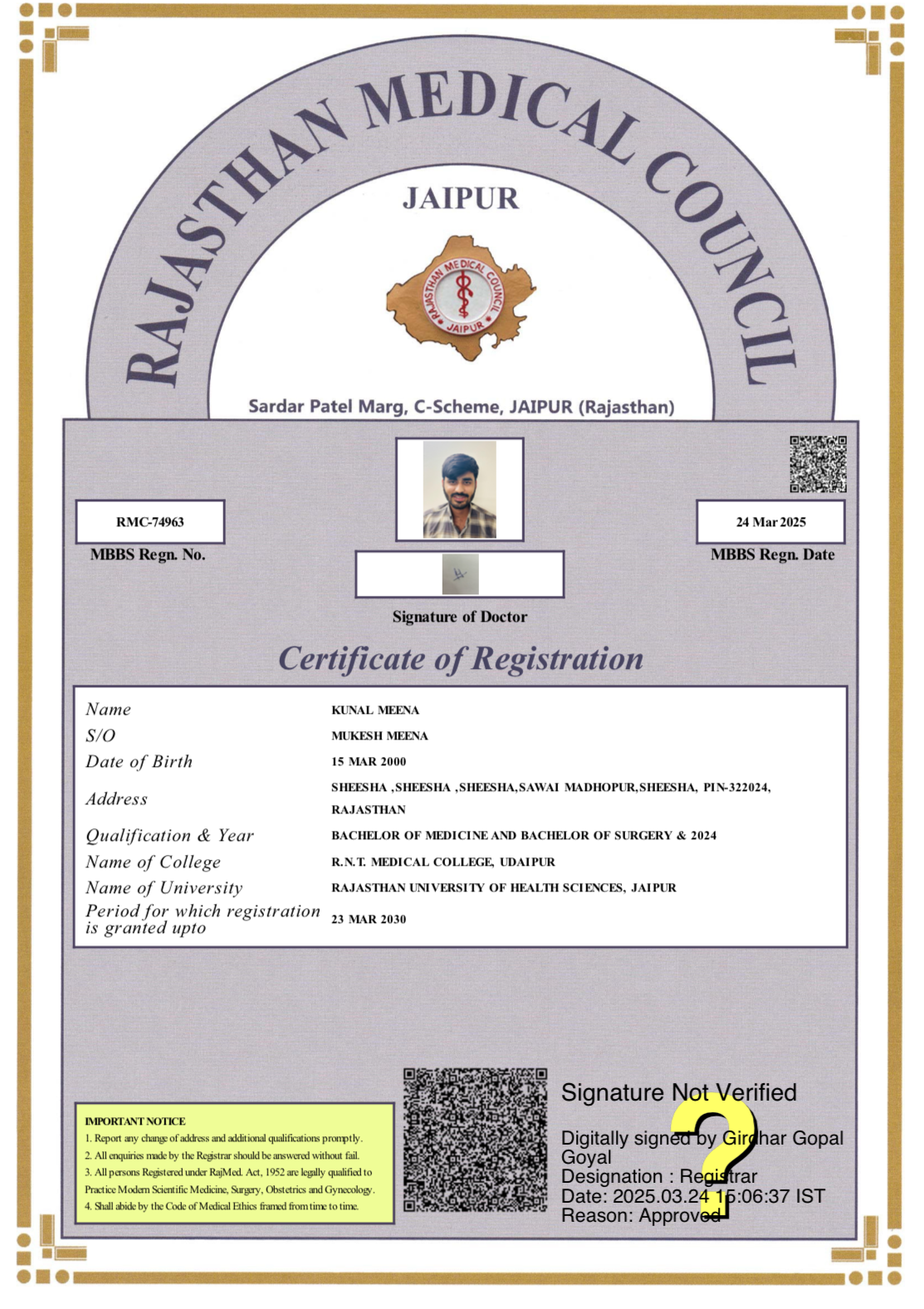 Doctor's certificate