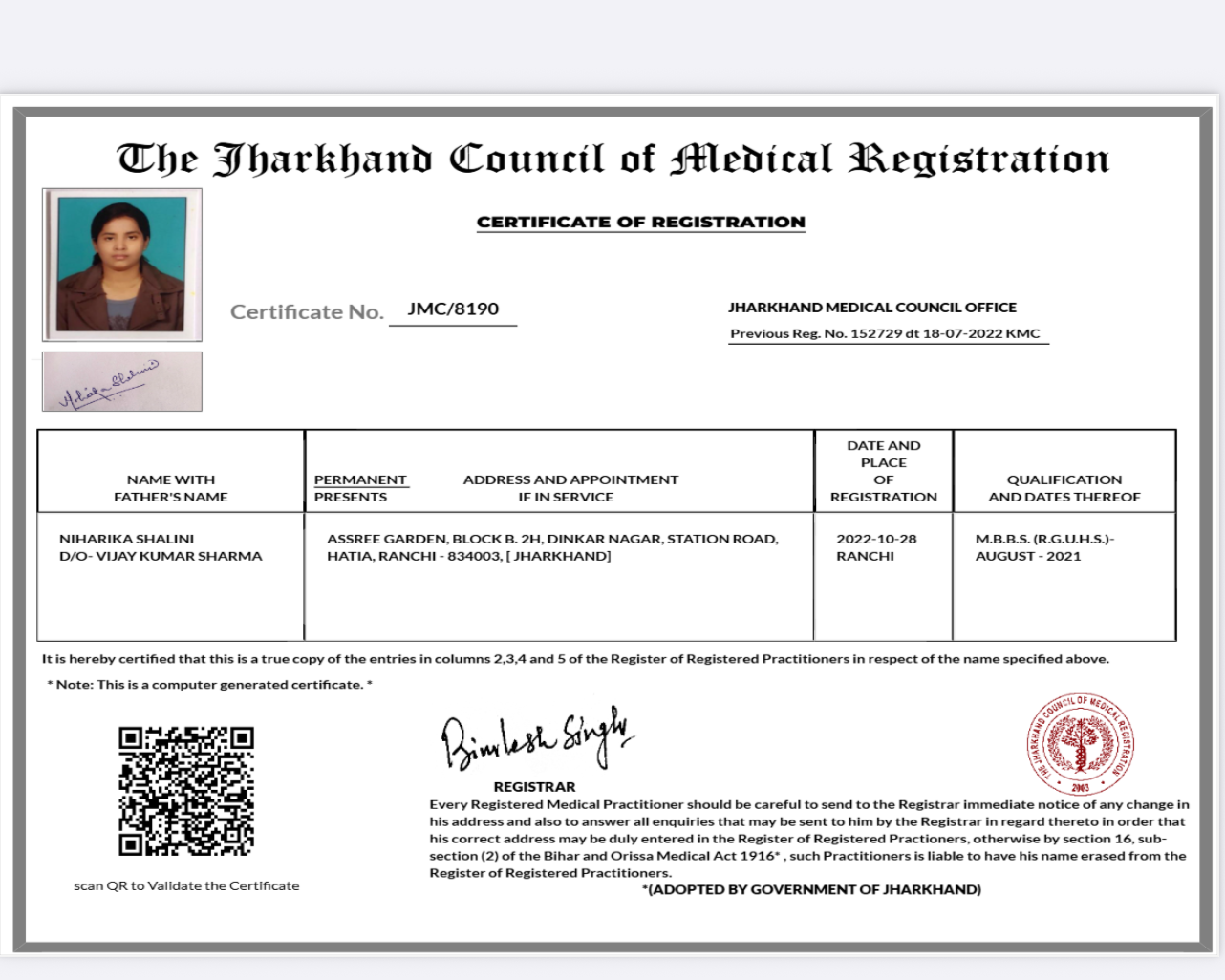 Doctor's certificate