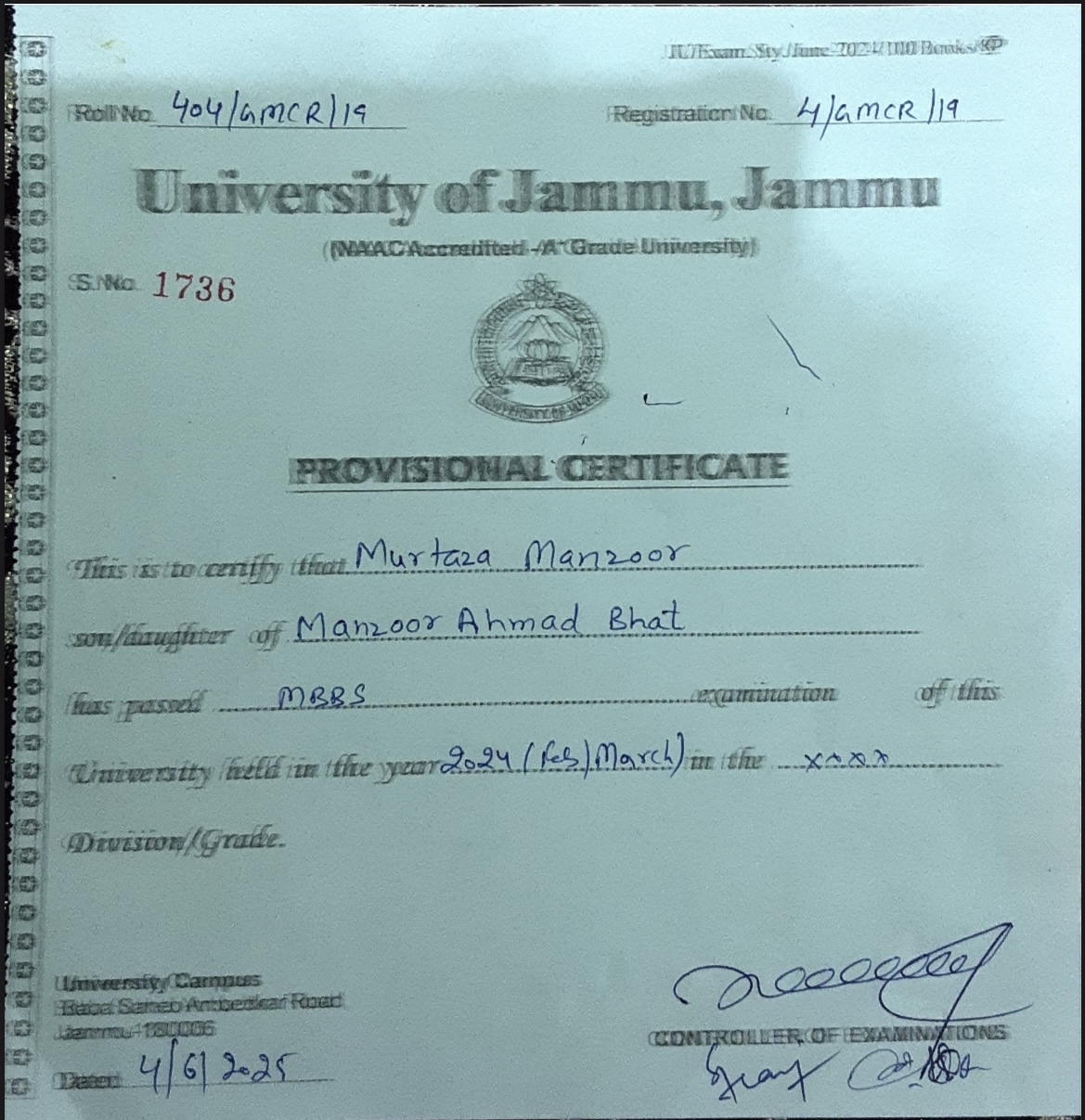 Doctor's certificate