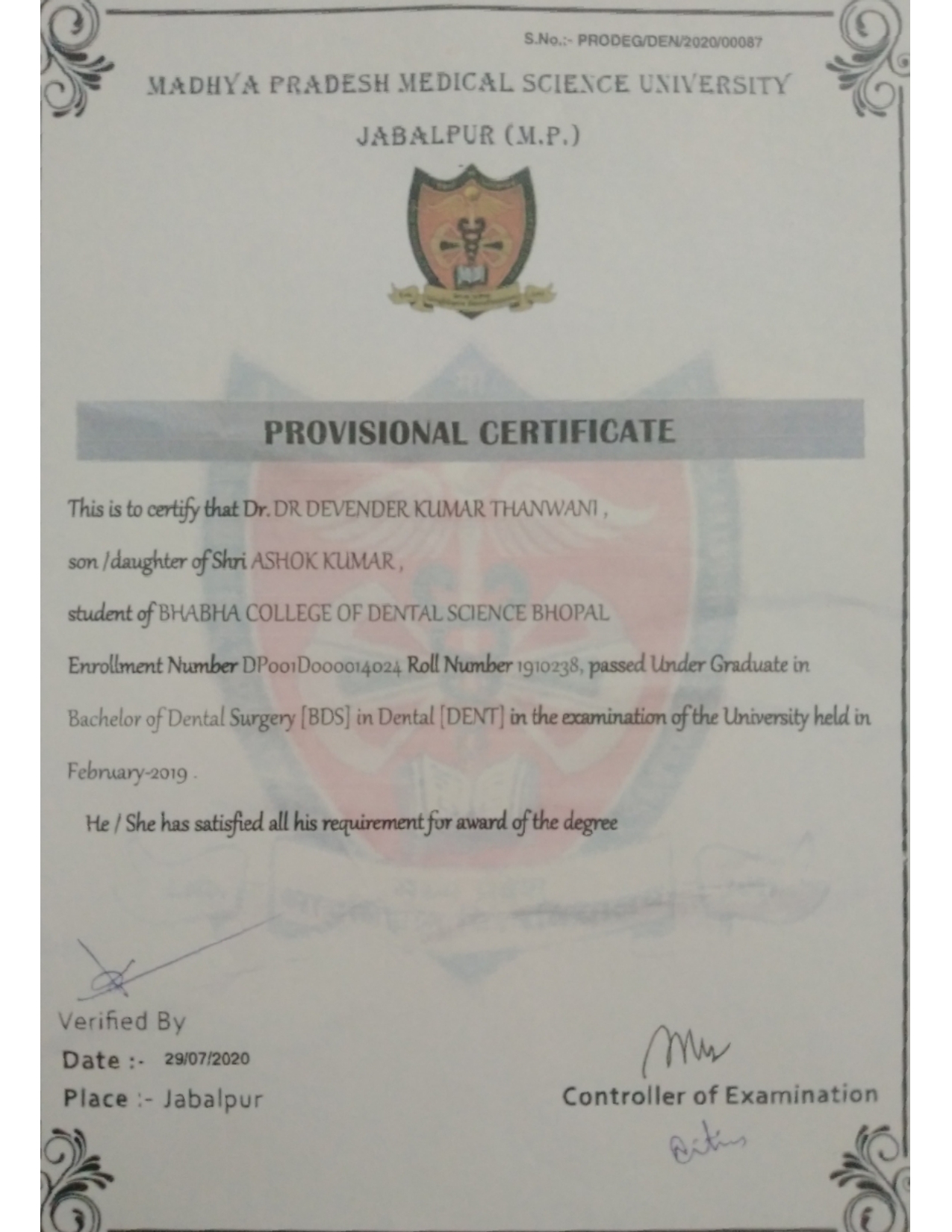 Doctor's certificate