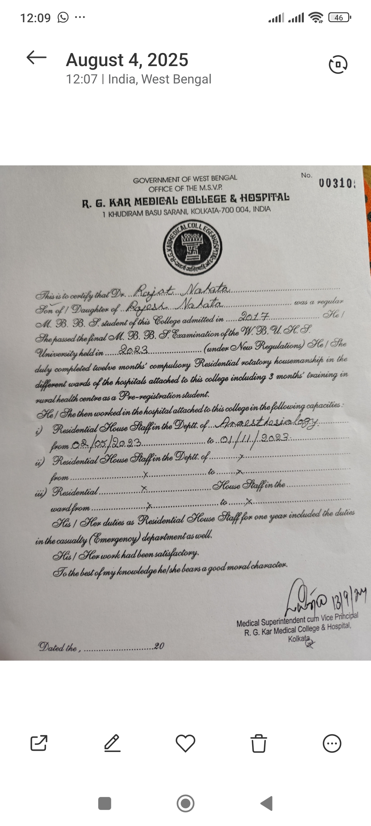Doctor's certificate
