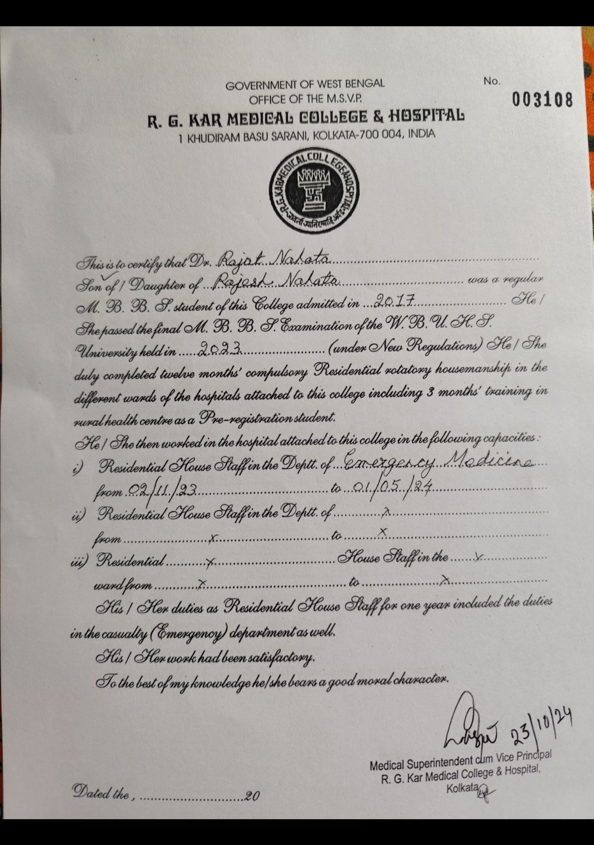 Doctor's certificate