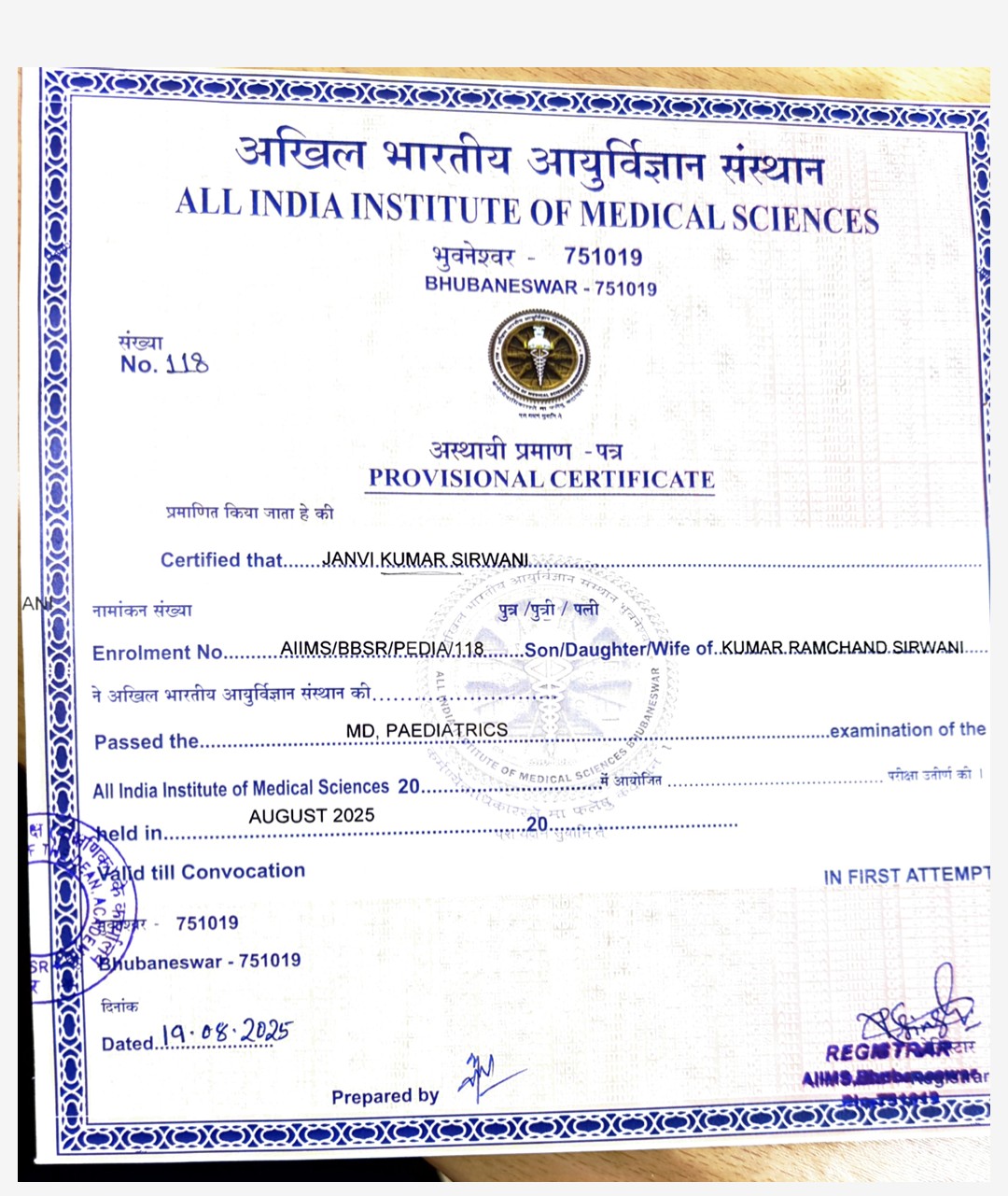 Doctor's certificate