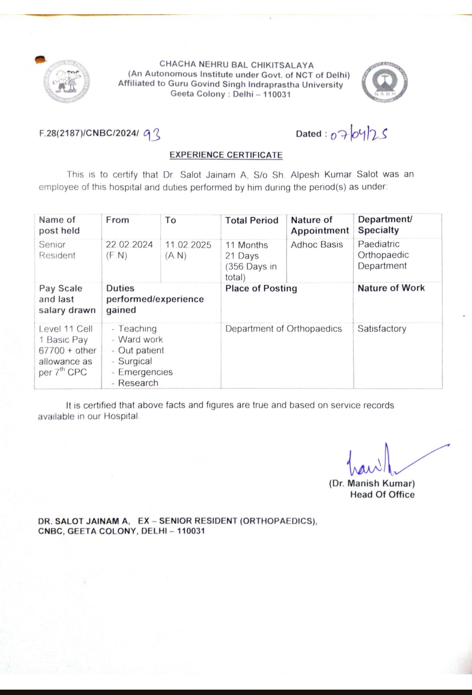 Doctor's certificate